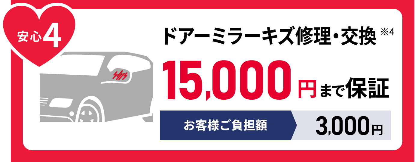 安心4 ドアーミラーキズ修理・交換 15,000円まで保証 お客様ご負担額3 ,000円