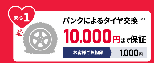 安心1 パンクによるタイヤ交換 10,000円まで保証 お客様ご負担額1,000円